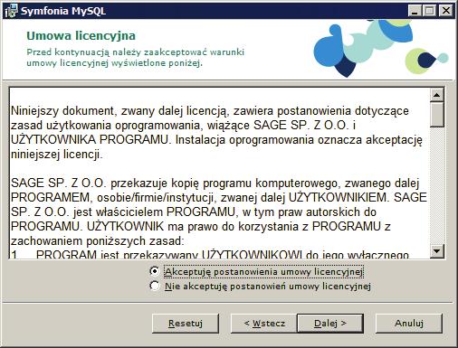 Instalacja programu Symfonia Start e-dokumenty 5 Rys. 9 Strona Umowa licencyjna. Na stronie Umowa licencyjna jest udostępniona treść umowy licencyjnej.