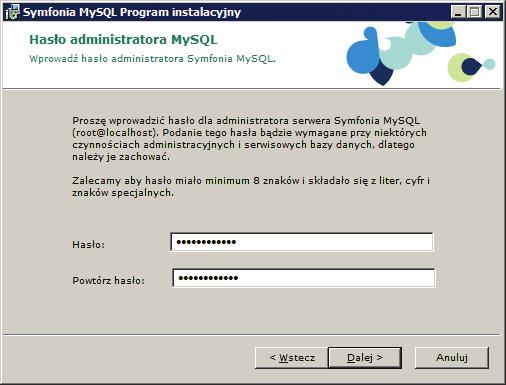 Instalacja programu Symfonia Start e-dokumenty 7 Rys. 13 Strona Hasło administratora MySQL.