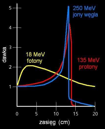 mezony pi, protony oraz ciężkie jony. Różnice efektów jonizacji tkanki, wywołanej użyciem cząstek i fotonów, ilustruje rysunek 1.