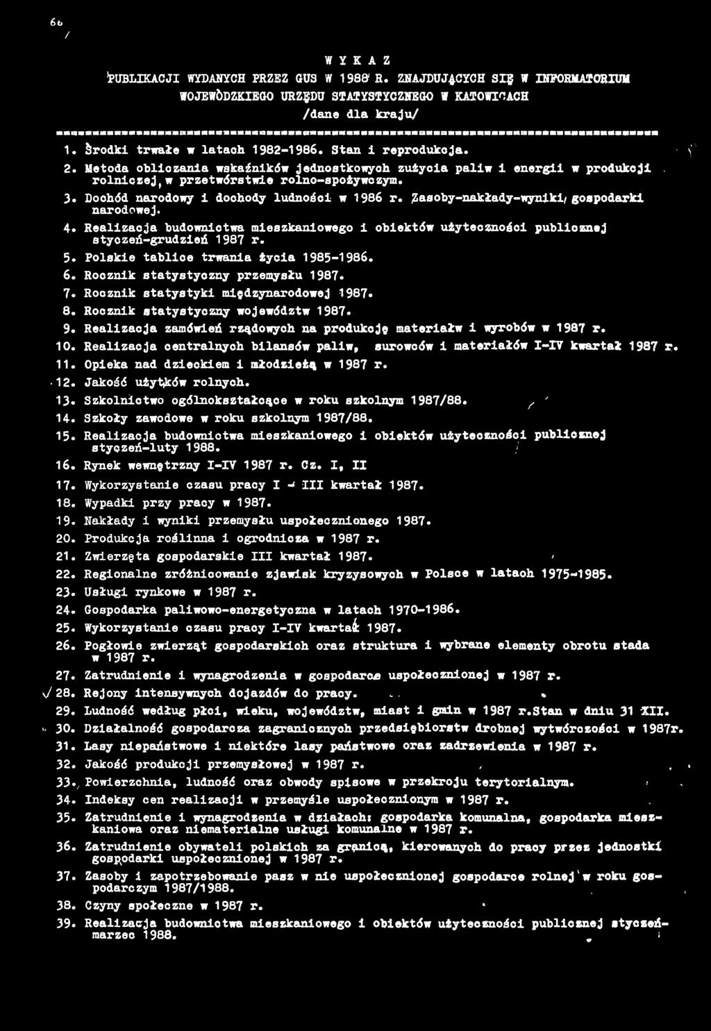 4. Realzacja budownctwa meszkanowego obektów użytecznośc publcznej styozeń-grudzeń 1987 r. 5. Polske tablce trwana życa 1985-1986. 6. Rocznk statystyczny przemysłu 1987. 7.