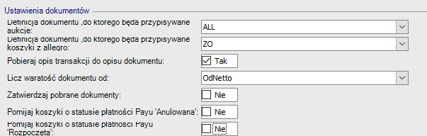 2.3.2 Ustawienia dokumentów Definicja dokument, do którego będą przypisywane aukcje Należy tam wybrać definicję dokumentu Zamówienia odbiorcy. W przykładzie została stworzona definicja o nazwie ALL.