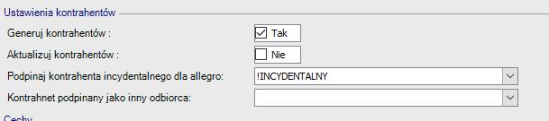 2.3.3 Ustawienia kontrahentów Generuj kontrahentów / Podpinaj kontrahenta incydentalnego dla allegro Zaznaczenie tego pola powoduje generowanie kontrahenta dla każdego pobranego koszyka z allegro.