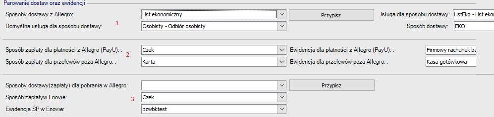 2.3.5 Parowanie sposobu dostawy / zapłaty / ewidencji Parowanie sposobów dostawy W sekcji pierwszej następuje parowanie sposobów dostawy. Wybieramy Sposób dostawy z Allegro jaki nas interesuje.