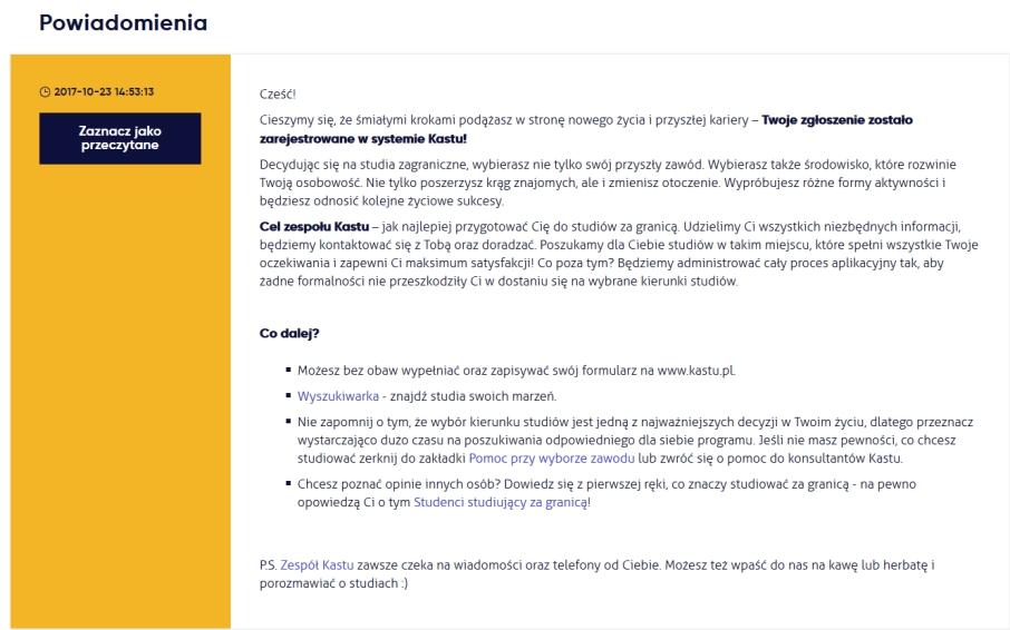 1. Lista wybranych kierunków Po zarejestrowaniu się w systemie Kastu zostanie dla Ciebie utworzone konto.