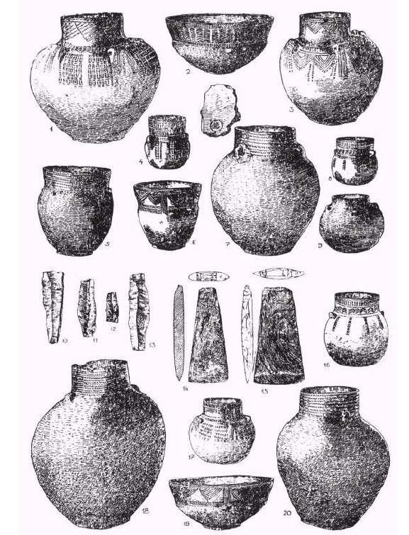 Ryc. 84. Rębków-Parcele, pow. Garwolin. Inwentarz grobu II: 1 amfora (naczynie 6). W. 27 cm; 2 misa (naczynie 3). W. 11 cm; 3 amfora (naczynie I). W. 22 cm; 4 amforka (naczynie 14). W. 10 cm; 5 puchar sznurowy (naczynie 9).