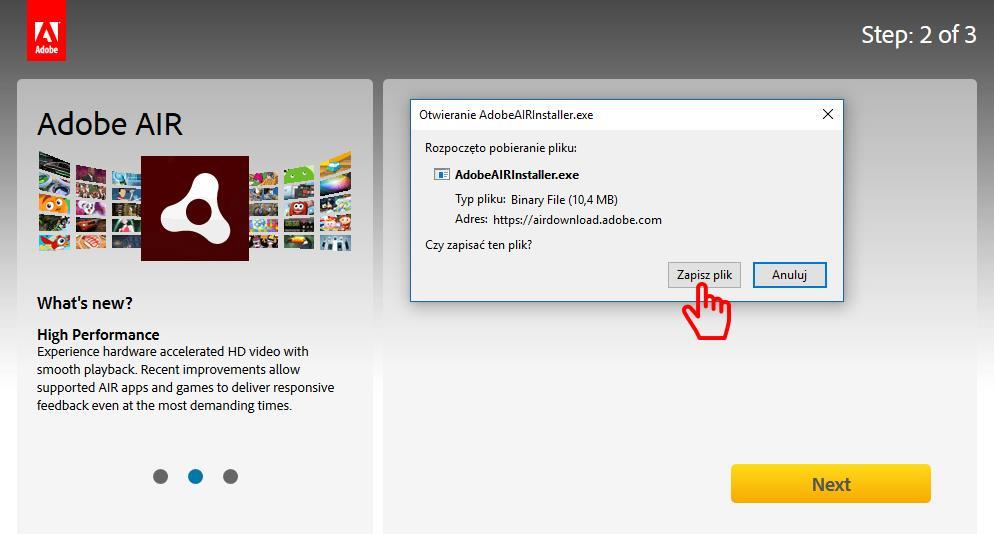 [7/44] Pobranie i instalacja programu Adobe AIR: o KROK 1 Naciskamy przycisk Download now Rysunek 8.