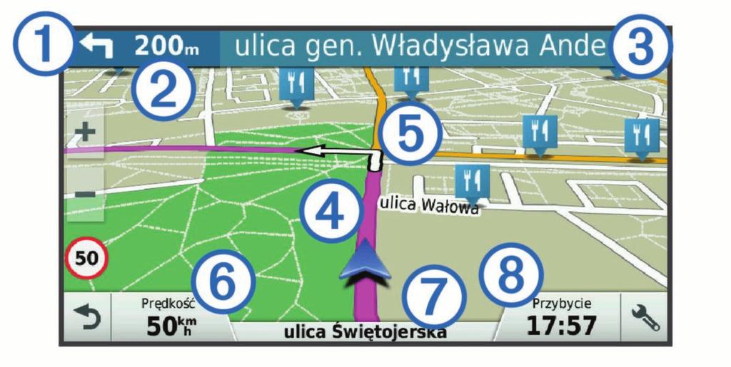 Alternatywne trasy wyświetlane są po prawej stronie mapy. Aby edytować przebieg trasy, wybierz kolejno > Edytuj trasę i dodaj do trasy punkty kształtowania (Kształtowanie trasy, strona 5).