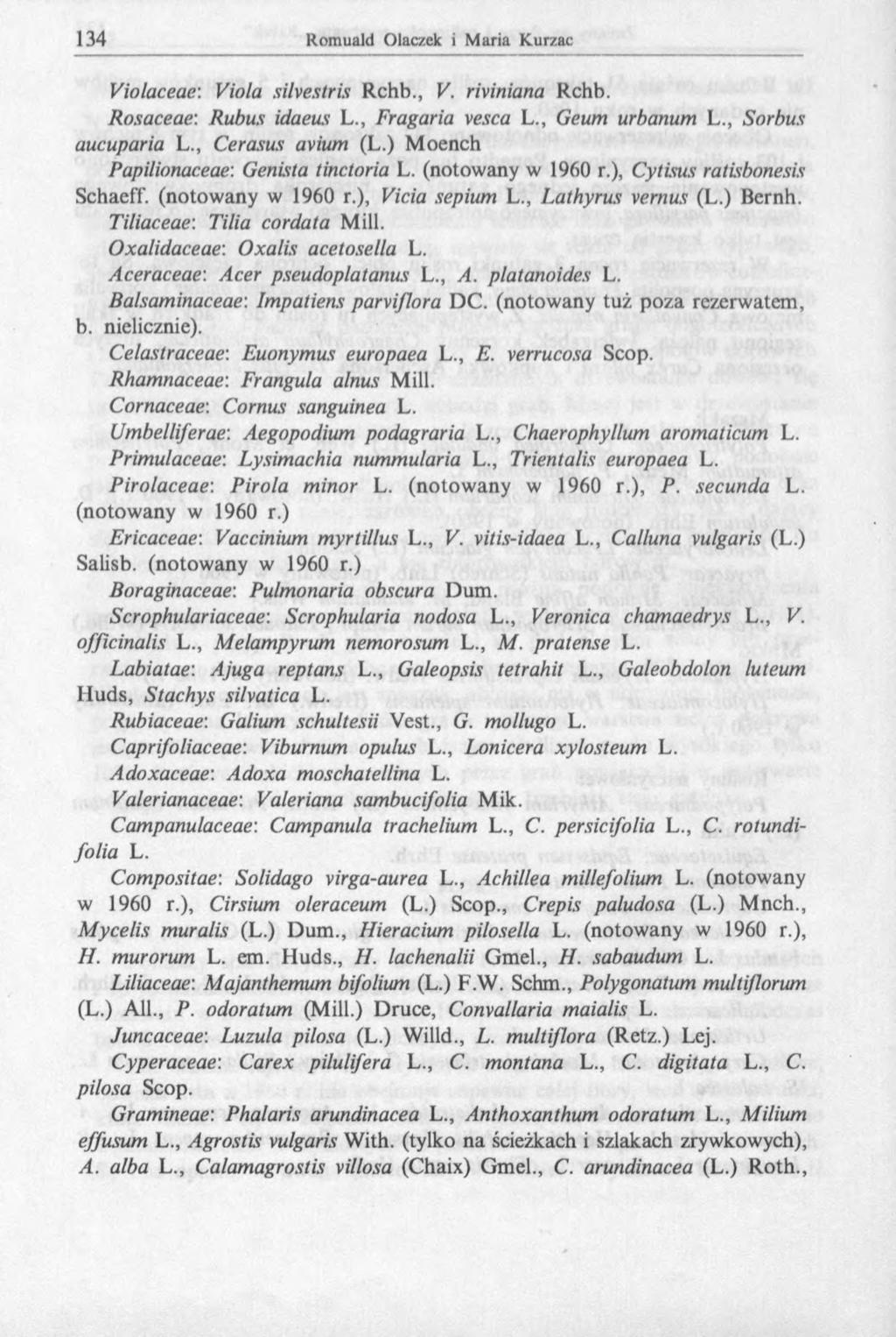 Violaceae: Viola silvestris Rchb., V. riviniana Rchb. Rosaceae: Rubus idaeus L., Fragaria vesca L., Geum urbanum L., Sorbus aucuparia L., Cerasus avium (L.) Moench Papilionaceae: Genista tinctoria L.