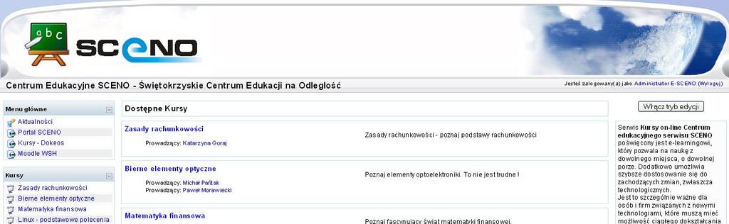 Rysunek 5 System e-learning Moodle SCENO, kategorie kursów strona startowa. Źródło: http://kursy.sceno.edu.