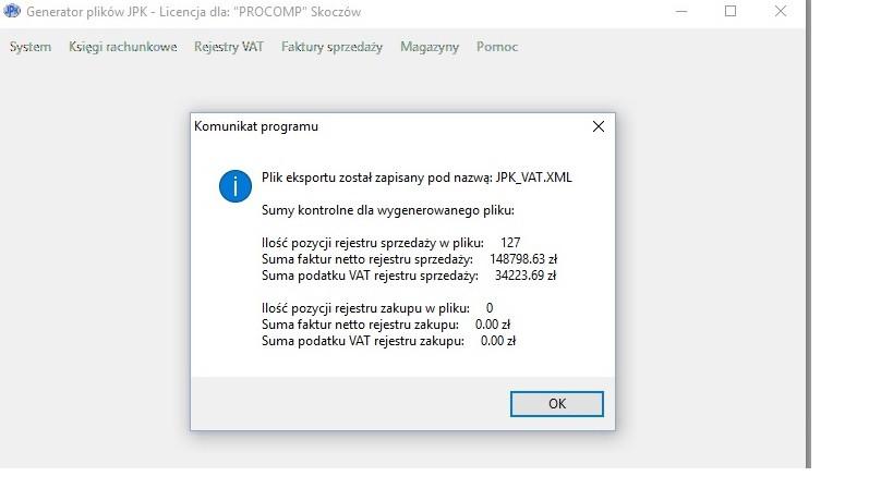 Proces ten zakończy się utworzeniem pliku JPK_VAT oraz komunikatem: Tym sposobem