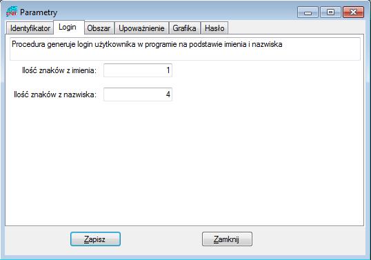 Rysunek 11 Parametry Login Na zakładce Obszar ustalamy domyślne wartości przy wpisywaniu obszaru przetwarzania danych osobowych.