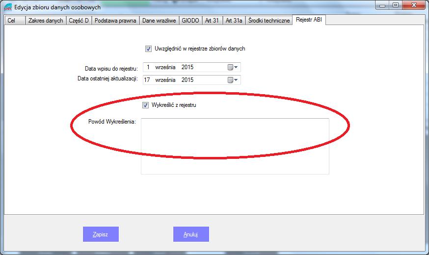 Aby wykreślić zbiór z rejestru należy edytując go na zakładce Rejestr ABI