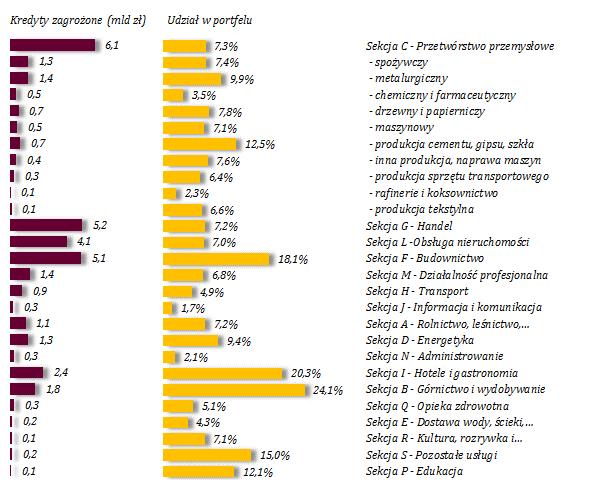 Wykres 45. Jakość dużych zaangażowań wobec sektora przedsiębiorstw według stanu na koniec 06/2017 W ujęciu branżowym, największy przyrost kredytów zagrożonych w I półroczu br.