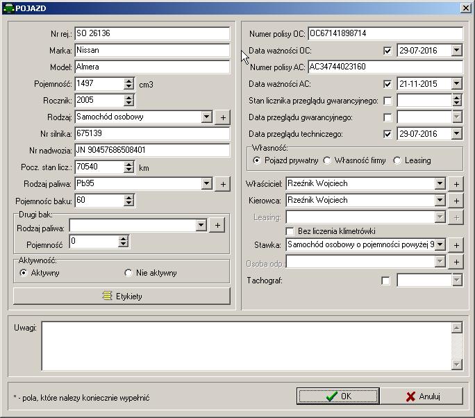 Zasady wprowadzania: Pola: numer rejestracyjny, model i marka nie mogą pozostać puste. Pozostałych nie musimy wypełniać.