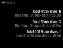 Historia jest podzielona według rodzaju nurkowania: Nurkowania w trybach Air (Powietrze), Nitrox (Nitroks), Trimix (Trymiks) i Gauge (Głębokościomierz) są rejestrowane oddzielnie.