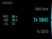3.17. Mieszanki gazów W przypadku wyboru trybu Nitrox lub trybu Trimix konieczne jest zdefiniowanie gazów w celu zapewnienia prawidłowego działania algorytmu dekompresji.