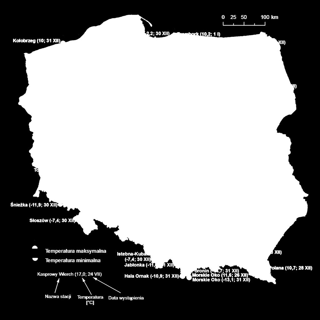 2. Temperatury ekstremalne w regionach Polski (w