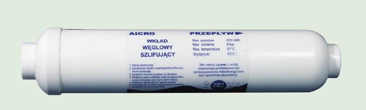 Wkłady liniowe Liniowe wkłady z węglem granulowanym AICRO Wkład z węglem aktywowanym z łupin orzechów kokosowych. Usuwa 99% chloru i 96% ołowiu. Poprawia zapach i smak wody. ŚREDNICA DŁUGOŚĆ MAX.