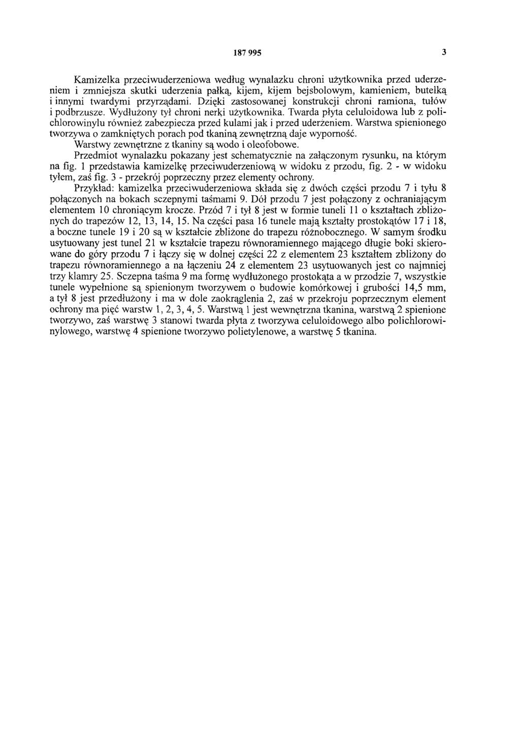 187 995 3 Kamizelka przeciwuderzeniowa według wynalazku chroni użytkownika przed uderzeniem i zmniejsza skutki uderzenia pałką, kijem, kijem bejsbolowym, kamieniem, butelką i innymi twardymi