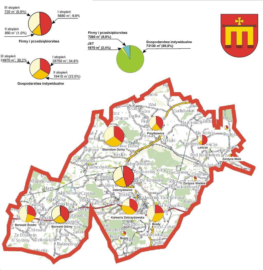 Prognoza oddziaływania na środowisko skutków realizacji Rys 2. Zestawienie jakości wyrobów zawierających azbest, zinwentaryzowanych na terenie gminy Kalwaria Zebrzydowska według stopnia pilności.