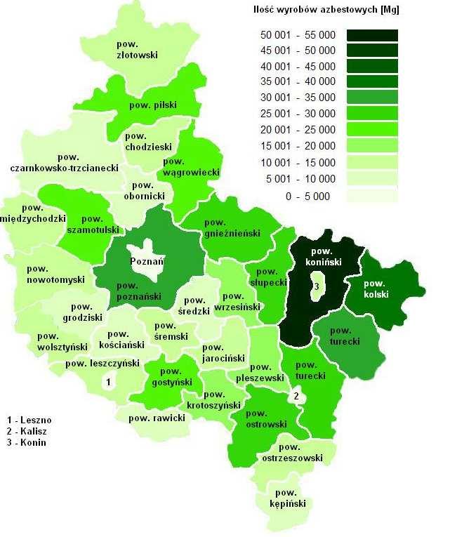 Rysunek 2. Ilość wyrobów azbestowych w województwie wielkopolskim w poszczególnych powiatach Źródło: opracowanie własne na podstawie Bazy Azbestowej (stan na 31.07.2017 r.