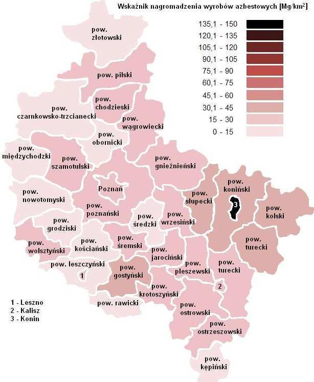 Rysunek 3. Nagromadzenie wyrobów azbestowych w województwie wielkopolskim [Mg/km 2 ] Źródło: opracowanie własne na podstawie Bazy Azbestowej (stan na 31.07.2017 r.