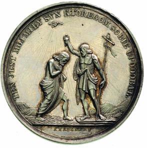 medal chrzcielny autorstwa JHerknera, Aw: Scena chrztu Chrystusa w rzece, Rw: U góry