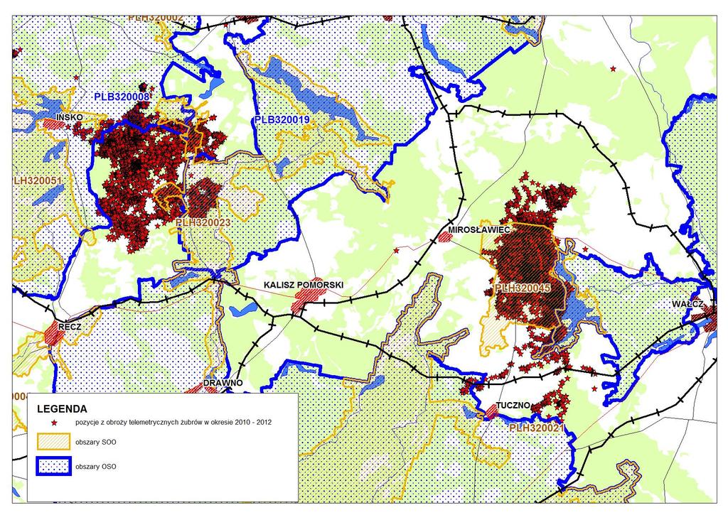 Rys. 1 Obecne areały wolnych stad żubrów w północno-zachodniej Polsce w województwie zachodniopomorskim określone poprzez lokalizacje z obroży telemetrycznych GPS na tle obszarów Natura 2000