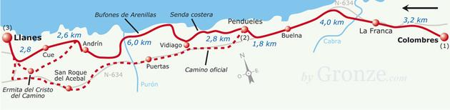 Etap 16 Colombres - Llanes (18.5 km) Wychodząc z Unquera wchodzimy do Asturii po przejściu rzeki Deva. Stąd, kontynuujemy na wzgórze po zboczu Canto aż do wejścia do Colombres.