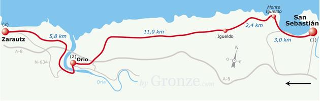 Etap 2 San Sebastian / Donostia - Zarautz (19.3 km) Początek etapu to wytrwałe wznoszenie się od plaży Ondarreta (w przeszłości Concha- Muszla) i albergue La Sirena na górę Igeldo.