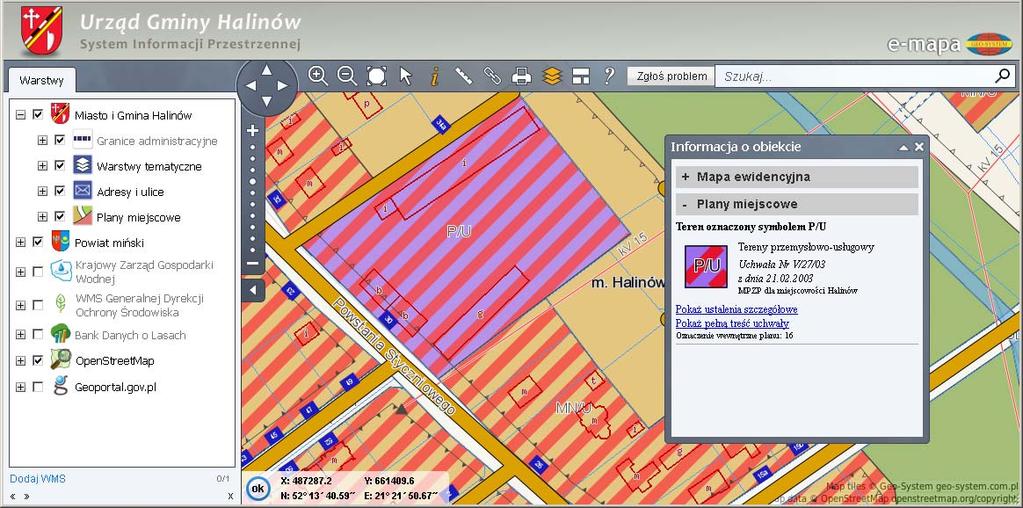 Rysunek 1 Publikacja miejscowego planu zagospodarowania przestrzennego w portalu mapowym gminy Halinów Poniżej przykład publikacji planu zagospodarowania przestrzennego gminy Halinów w portalu