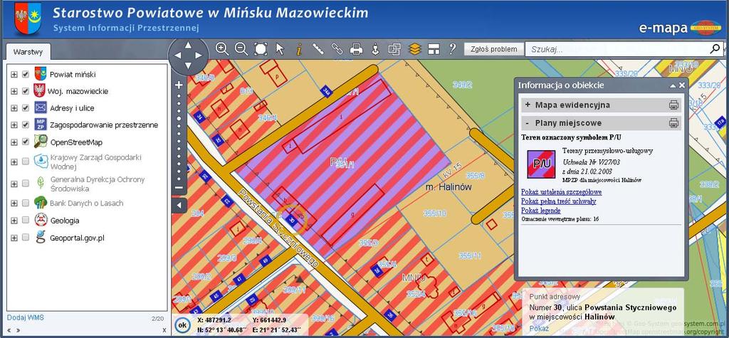 Rysunek 2 Publikacja miejscowego planu zagospodarowania przestrzennego w portalu mapowym Starostwa Powiatowego w Mińsku Mazowieckim 2.2. Funkcjonalności dla urzędników Bardziej zaawansowane funkcje korzystania z planu zagospodarowania mają uprawnieni użytkownicy w urzędzie gminy.