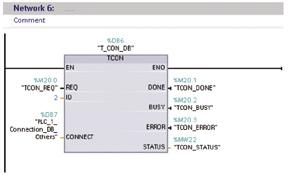 W menu Instructions->Extended instructions->communications->open user communications otwórz folder Others i przeciągnij blok TCON do bloku operacyjnego.