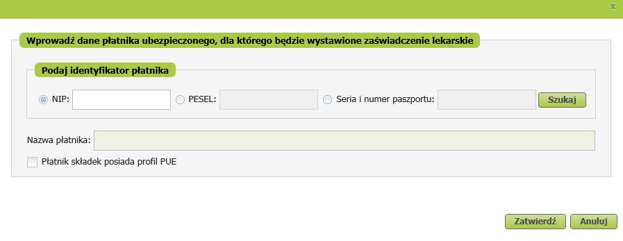 Jak wystawić e-zla na PUE ZUS? Wystawienie zaświadczenia lekarskiego - Krok 3 W przypadku, kiedy lista nie została zainicjowana lub dane płatnika ubezpieczonego nie zostały wyświetlone (np.