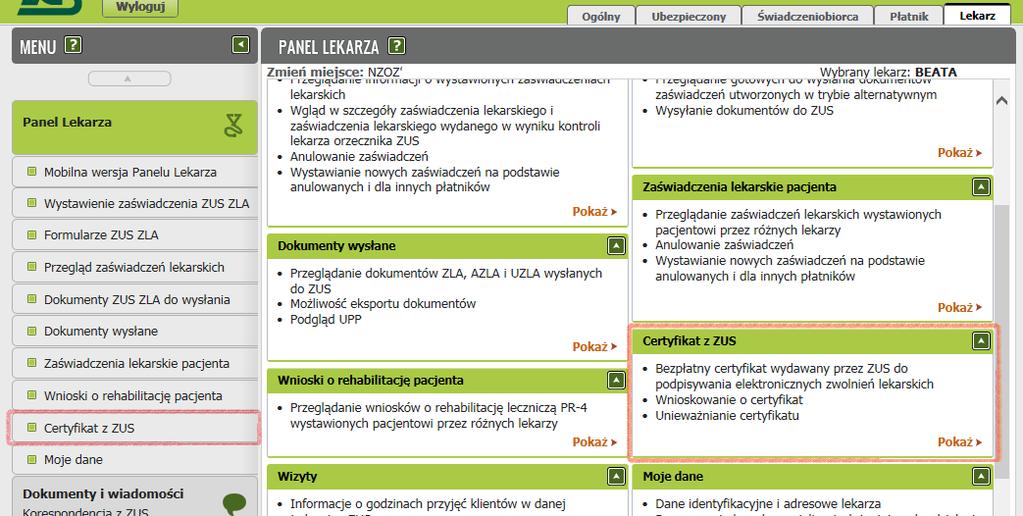 Jak uzyskać certyfikat z ZUS W roli lekarza z menu bocznego