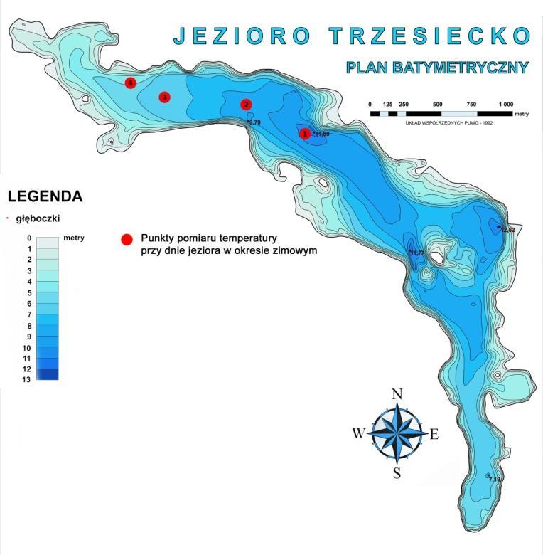 Tabela 1. Profil temperaturowo-tlenowy wód Jeziora Trzesiecko na stanowisku 1 w dniu 16 stycznia 2009. Profil temperaturowo-tlenowy wód Jeziora Trzesiecko na stanowisku 1 w dniu 16 stycznia 2009. Głębokość (m) Temperatura ( C) Tlen (mgo 2 dm -3 ) Tlen (% O 2 ) uwagi T-01 N 53 42.