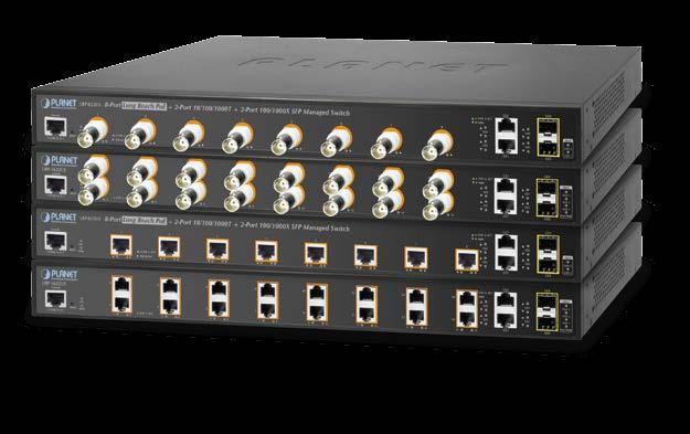 Long Reach L2 / L4 IPv6 Managed Switches Seria LRP LRP-822CS 8 portów Long Reach over coaxial 2 porty 100/100/1000BASE-T 2 porty 100/1000BASE-X SFP Budżet mocy 220 W dla 8 urządzeń Do 30 W na port