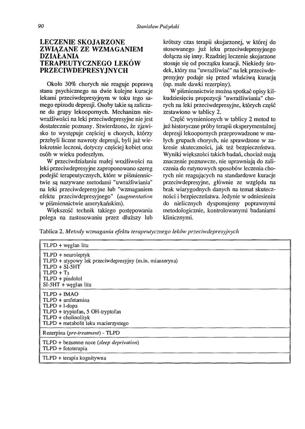 90 Stanisław Pużyński LECZENIE SKOJARZONE ZWIĄZANE ZE WZMAGANIEM DZIAŁANIA TERAPEUTYCZNEGO LEKÓW PRZECIWDEPRESYJNYCH Około 30% chorych nie reaguje poprawą stanu psychicznego na dwie kolejne kuracje