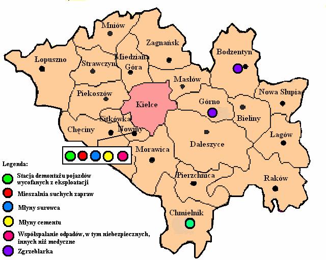 Rys. 9 Rozmieszczenie instalacji do odzysku i unieszkodliwiania odpadów na terenie powiatu kieleckiego wg stanu na 2005 r. 3.1.