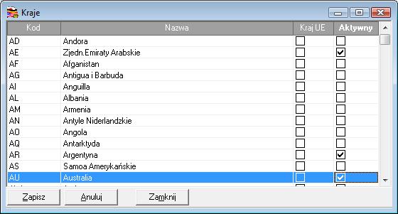 Dodawanie nowego państwa do kartoteki odbywa się poprzez wybranie na dole kartoteki przycisku Dodaj, wprowadzenie danych nowego rekordu i zapisanie aktywnym wówczas przyciskiem Zapisz.
