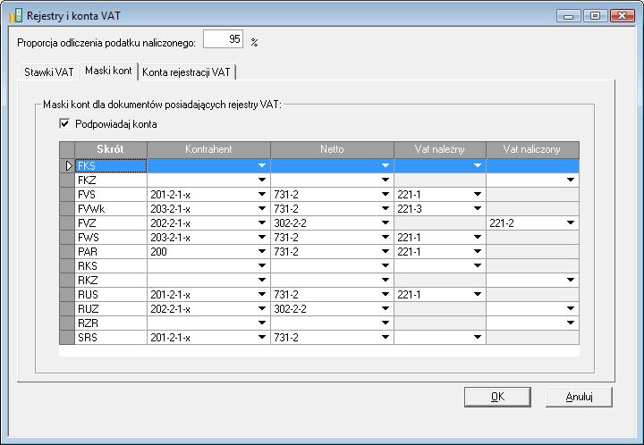 5-11 Okno Maski kont W panelu Maski kont dostępna jest możliwość zdefiniowania masek kont, które mogą być podpowiadane podczas wprowadzania dokumentów VAT.