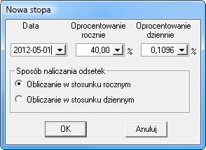 Dodając lub poprawiając (przycisk Popraw) stopę procentową, możesz wybrać, czy odsetki będą obliczane w stosunku rocznym czy dziennym. Rys.