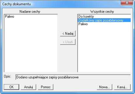 6-19 Okno Opisy pozycji na dokumencie wywoływane z menu Ustawienia \ Parametry stałe Cechy dokumentu i stron zapisu Cechy to oznaczenia użytkownika, ułatwiające przeglądanie i wyszukiwanie oraz