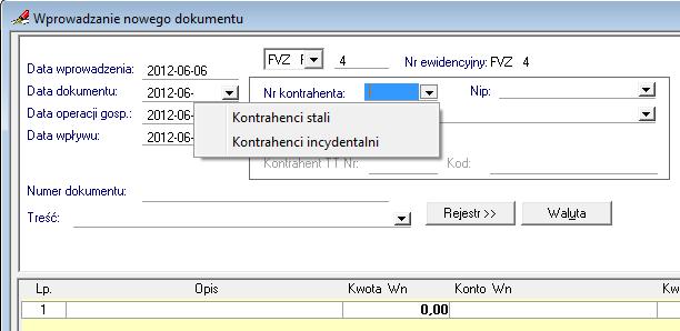 6 20 Podręcznik użytkownika Symfonia Finanse i Księgowość Możesz również wskazać przycisk przy polu Numer kontrahenta i wybrać rodzaj kartoteki (kontrahenci stali lub incydentalni).