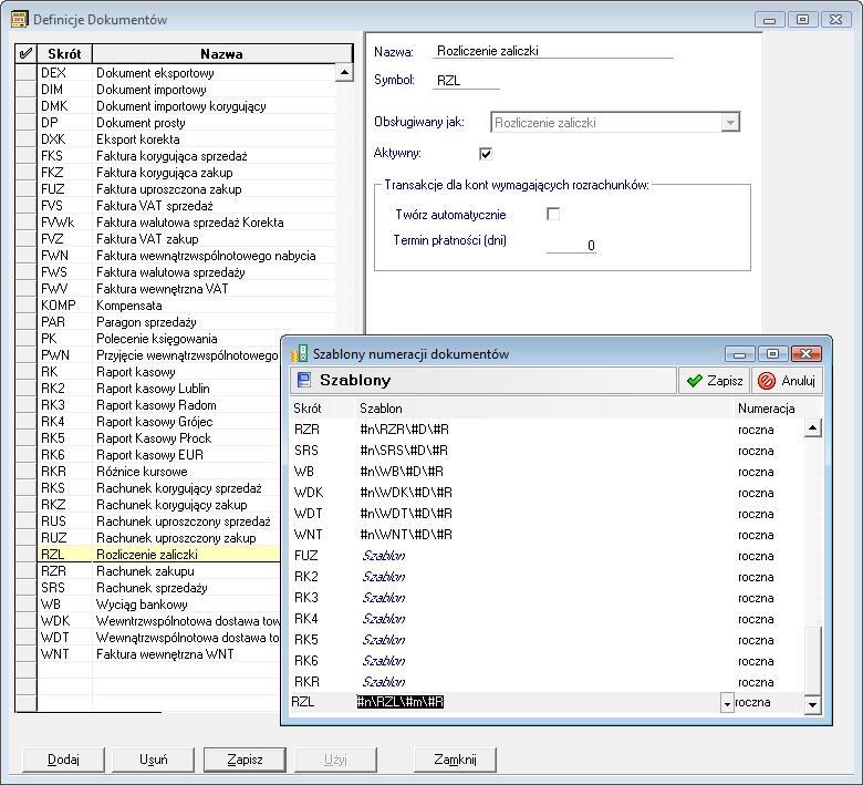 Ewidencja danych 6 57 W polu Symbol wpisz symbol definiowanego dokumentu (np. RZL). W polu Obsługiwany jak: z rozwijanej listy wybierz Rozliczenie zaliczki. Wybierz przycisk Zapisz. Rys.