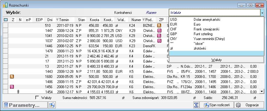 6 110 Podręcznik użytkownika Symfonia Finanse i Księgowość Rys. 6-132 Wybór waluty na liście rozrachunków 2.