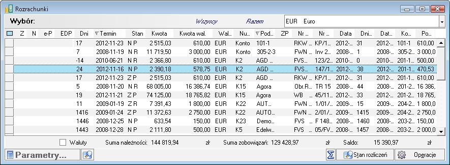 zapisy w wybranej walucie, np. USD. Na liście rozrachunków kwoty dokumentów zostaną wyświetlone w tych jednostkach pieniężnych, w których zostały wprowadzone.