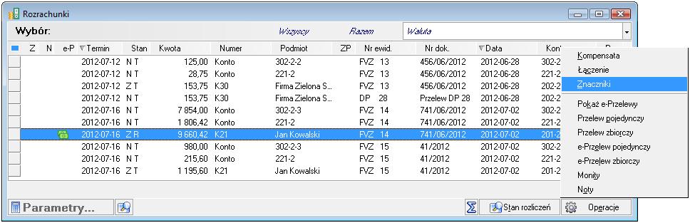 6 118 Podręcznik użytkownika Symfonia Finanse i Księgowość Rys. 6-141 Inicjacja nadania znacznika wybranej transakcji w oknie Rozrachunki Rys.