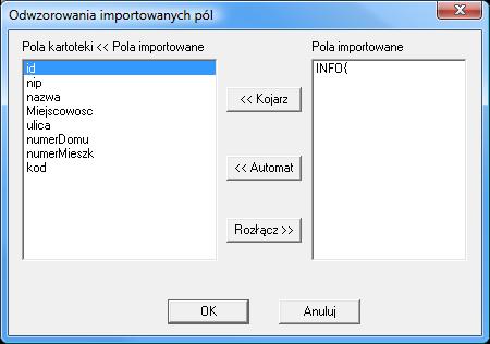 7-14 Okno dialogowe Import danych UWAGA Jeśli pole kartoteki nie będzie skojarzone z żadnym z importowanych pól, nie zostanie wypełnione danymi.