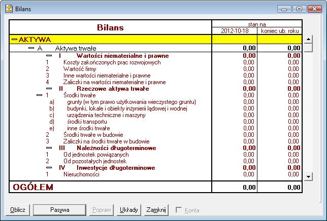 8 12 Podręcznik użytkownika Symfonia Finanse i Księgowość Bilans Bilans można zestawiać w oknie, które pojawi się po wybraniu polecenia Bilans z zakładki Zestawienia w menu zakładkowym Raporty.